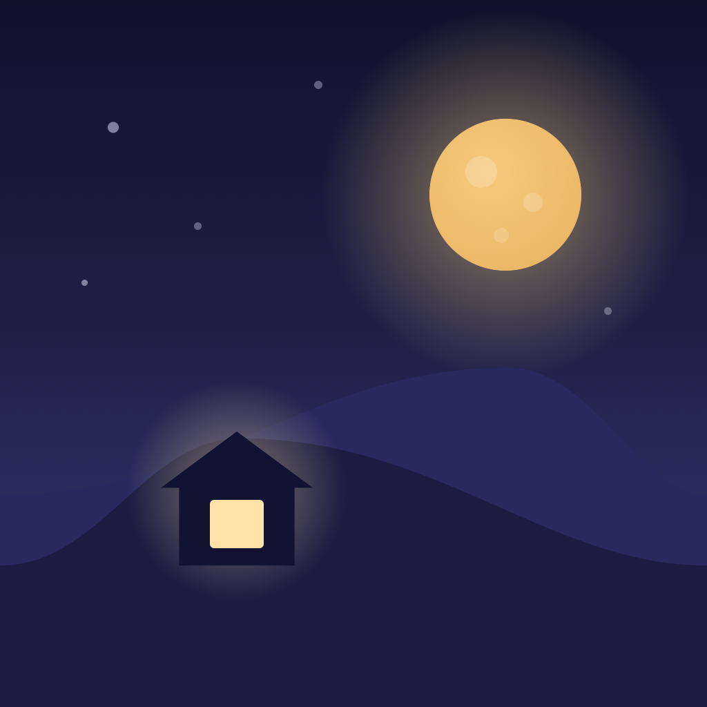 Mountoon Focus app icon: one lit house on a dark hill under a full moon